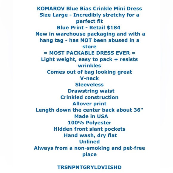 $184 KOMAROV Blue Crinkle Mini Dress Large 10 Easy Colorful Stretchy Travel NWT - Picture 2 of 14